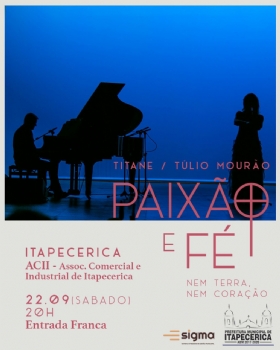 Cantora Titane e pianista Túlio Mourão se apresentam em Itapecerica neste sábado