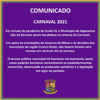 Prefeitura publica comunicado sobre o Carnaval 2021