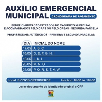 Prefeitura divulga datas de pagamento do Auxílio Emergencial Municipal no mês de maio