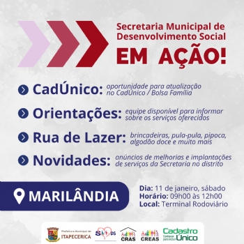 Secretaria de Desenvolvimento Social em Ação: evento em Marilândia acontece na manhã deste sábado, dia 11