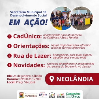 Secretaria de Desenvolvimento Social em Ação: evento em Neolândia acontece na manhã deste sábado, dia 25