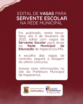 Prefeitura de Itapecerica divulga vagas de Servente Escolar para atuar na Rede Municipal de Educação