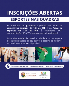 Inscrições abertas para atividades e esportes nas quadras de Itapecerica; confira locais e horários