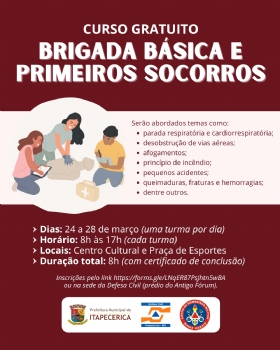 Prefeitura de Itapecerica, Defesa Civil e Corpo de Bombeiros Militares promovem curso gratuito de Brigada Básica e Primeiros Socorros; saiba como se inscrever