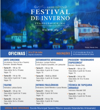 Oficinas diversas integram a programação do XXIII Festival de Inverno de Itapecerica
