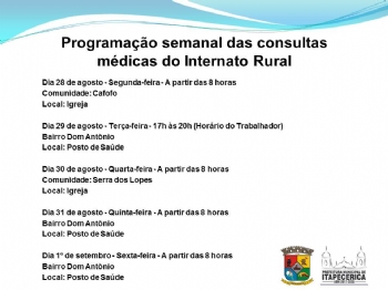 Prefeitura divulga programação da próxima semana das consultas médicas do Internato Rural