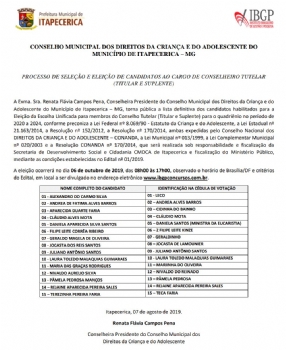 Processo seletivo do Conselho Tutelar de Itapecerica - Lista definitiva de candidatos