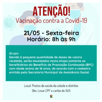 Beneficiários do BPC serão imunizados contra a Covid-19 nesta sexta-feira