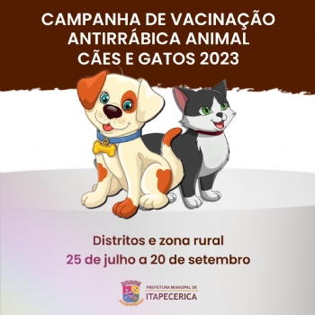 Campanha de Vacinação Antirrábica Animal será iniciada amanhã na zona rural e distritos