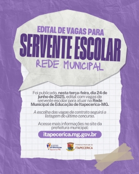 Prefeitura de Itapecerica divulga vagas de Servente Escolar para atuar na Rede Municipal de Educação