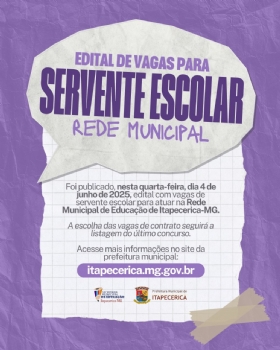 Prefeitura de Itapecerica divulga vagas de Servente Escolar para atuar na Rede Municipal de Educação