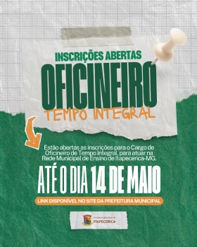 Inscrições abertas para Oficineiro de Tempo Integral em Itapecerica