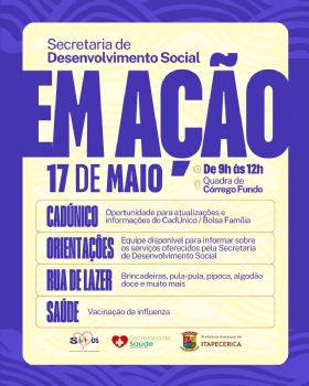 Secretaria de Desenvolvimento Social em Ação: evento em Córrego Fundo acontece na manhã deste sábado  dia 17 de maio