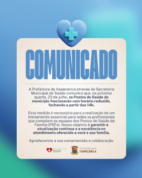 Para melhor atender: Unidades de Saúde funcionarão em horário reduzido nesta quarta-feira