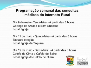 Prefeitura divulga programação desta semana das consultas médicas do Internato Rural