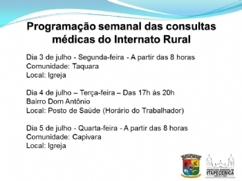 Prefeitura divulga programação da próxima semana das consultas médicas do Internato Rural