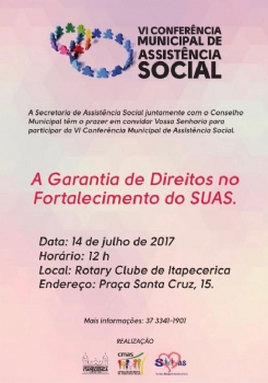 VI Conferência Municipal de Assistência Social será realizada no dia 14 de julho