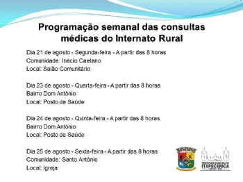Divulgada programação da próxima semana das consultas médicas do Internato Rural