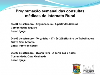 Divulgada programação da próxima semana das consultas médicas do Internato Rural