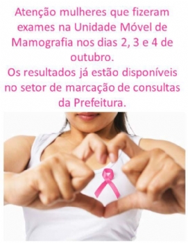 Resultados de mamografias estão disponíveis para mulheres que fizeram exames nos dias 2, 3 e 4 de outubro